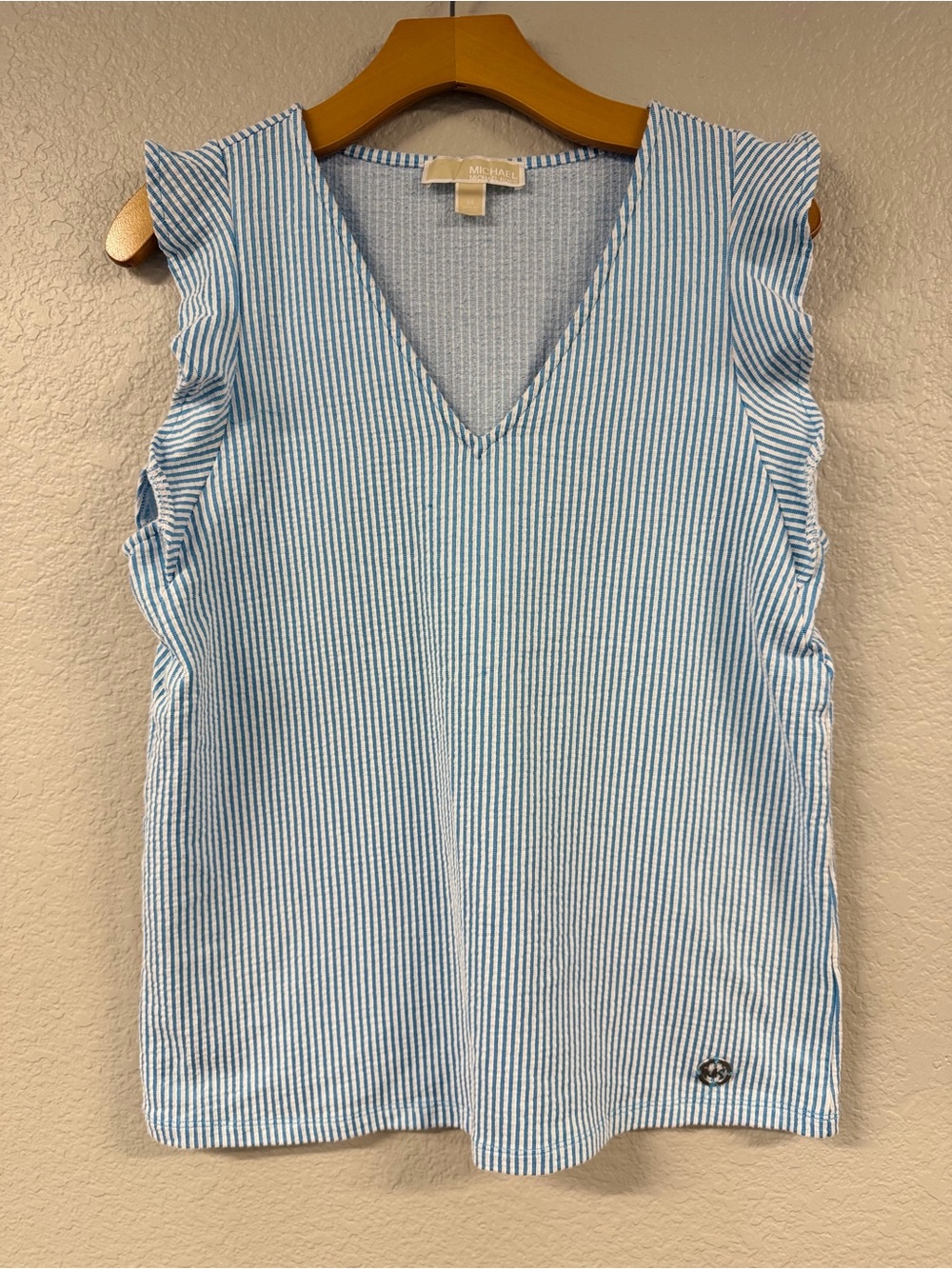 Michael Kors Light Blue and White Striped V-Neck Ruffle Sleeve Tank